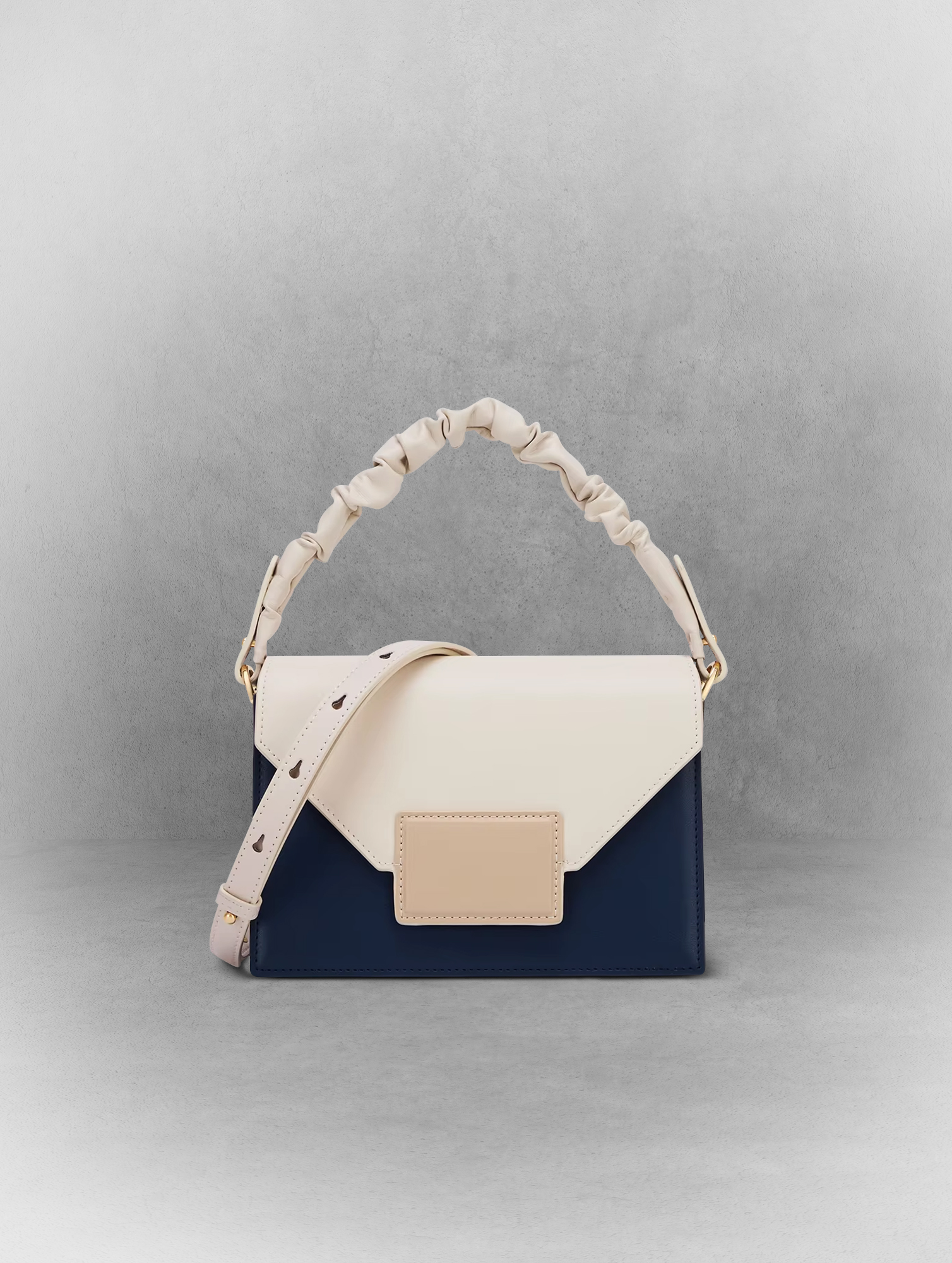 Off-White and Navy Cowhide Shoulder Bag